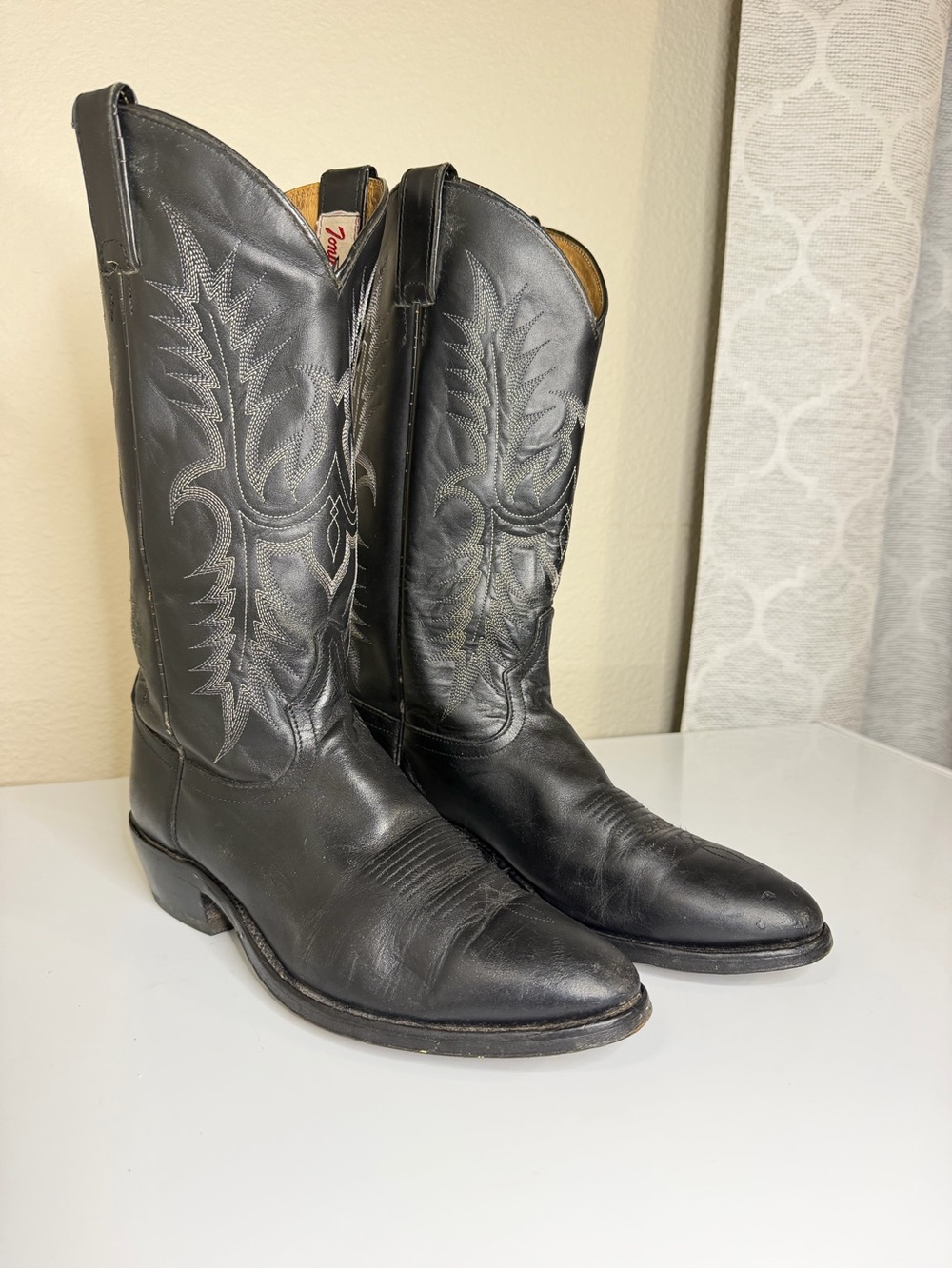 Vintage Tony Lama Black Leather Western Cowboy Boots Men 9.5D